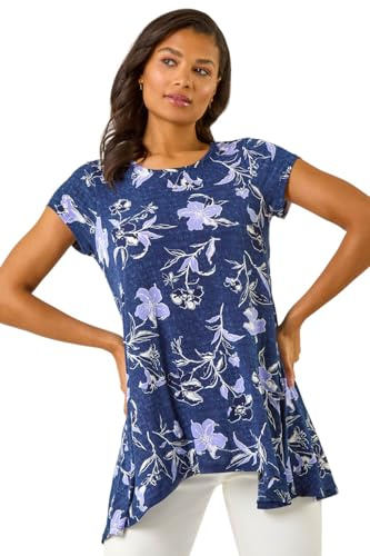 Roman Originals Hanky Hem Tunic Top for Women UK - Ladies Longline Blouse Asymmetric Hemline Short Sleeves Casual Slouch Loose Summer Spring Relaxed Comfortable - Lilac - Size 12
