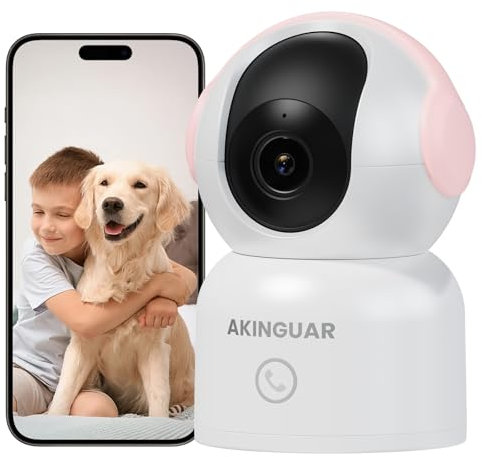 AKINGUAR Wifi Camera, 2K 3MP Pet Cameras, Security Cameras Indoor Wireless, 360° Indoor Wifi Camera, Night Vision, One-Touch Call, Smart Motion Detection & Tracking, 2-Way Talk, Support Alexa, Pink