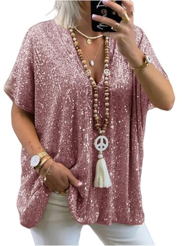 Asoodiy Chemisier à paillettes pour femme avec col en V étincelant et manches courtes, rose, XL