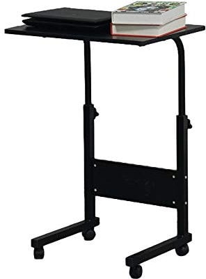 Karl home Small Side Mobile Table 60×40cm Computer Desk with Rolling Wheels Height Adjustable Rolling Potable Laptop Cart,C-Shaped Bed Couch End Tables with Edge Stopper for Living Room Bedroom,Black