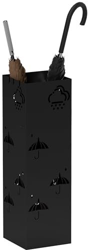 HOMCOM Portaombrelli Portaombrelli con 4 ganci, vaschetta di raccolta dell'acqua rimovibile Portaombrelli decorativo per ombrelloni, ombrelli e bastoni da passeggio Acciaio 15,5 x 15,5 x 49 cm Nero