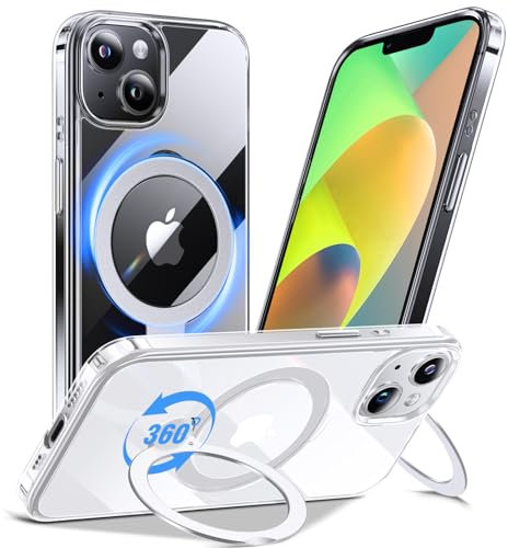Anqrp 360° All-in-ONE Crystal Clear Case for iPhone 14/13 with Rotatable Magnetic Stand, Compatible with Mag-Safe, Anti-Yellowing Transparent MIL-Grade Shockproof Phone Case Cover for iPhone 14/13