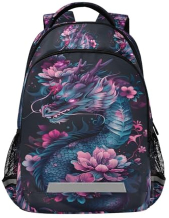 Rucksack mit Drachen-Motiv, schwarzer Hintergrund, rosa Blume, für Kinder, Schultasche, Studenten-Rucksack, Büchertasche für Jungen und Mädchen, lässige Tasche, Drache schwarzer Hintergrund, rosa