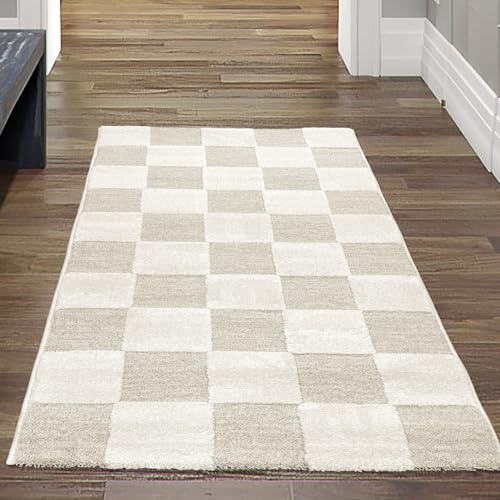 Teppich-Traum Teppich Hoch-Tief-Effekt Karomuster Beige 80x150 cm | Kuschelig, Saugroboter-geeignet, pflegeleicht, robust, angenehmes Laufgefühl, Wohnzimmer, Schlafzimmer, Gästezimmer