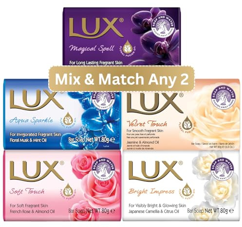 Lux Soap Bars Mix & Match Any 2 x 80g Magical Spell, Aqua Sparkle, Soft Touch, Velvet Touch & Bright Impress - Luxurious Fragrant Bathing Bar Soaps for Smooth, Soft & Nourished Skin