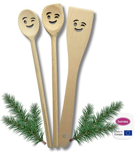 homiez Küchenhelfer Set 3-teilig Twinkle – Kochlöffel oval & spitz + Pfannenwender Holz 30cm – Küchenutensilien Buchenholz BPA frei antibakteriell Geschenkidee