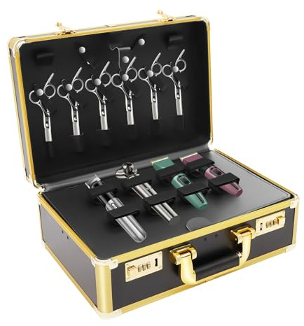 Professioneller Großer Makeup Koffer Gold | Mobiler Kosmetik & Friseur Koffer mit 2 Zahlschlössern & Schultergurt | Robuster Beauty Case bis 20kg, Ideal für Hairstylist, Make-up Artist (40x17x28cm)