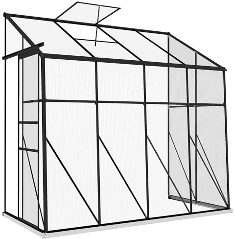 Outsunny Serre adossée en Polycarbonate, Serre de Jardin avec Porte coulissante et évent de Toit 5 Positions, Cadre et Base en Aluminium, Noir
