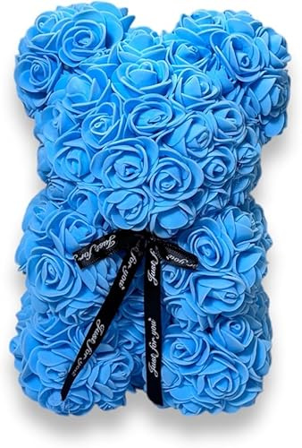 Ours de rose avec cœur rouge 25 cm, fabriqué avec des roses, déjà emballé cadeau pour la Saint-Valentin, ours en peluche, ours en peluche (bleu clair sans boîte, 25 cm)