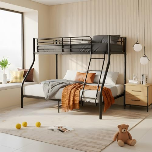 EGGREE Etagenbett Kinderbett 90x200 cm & 140x200 cm aus Metall, Schwarz | Metallbett mit Lattenrost, Leiter und Rausfallschutz, ideal für Kinderzimmer, Jugendzimmer und Gästezimmer