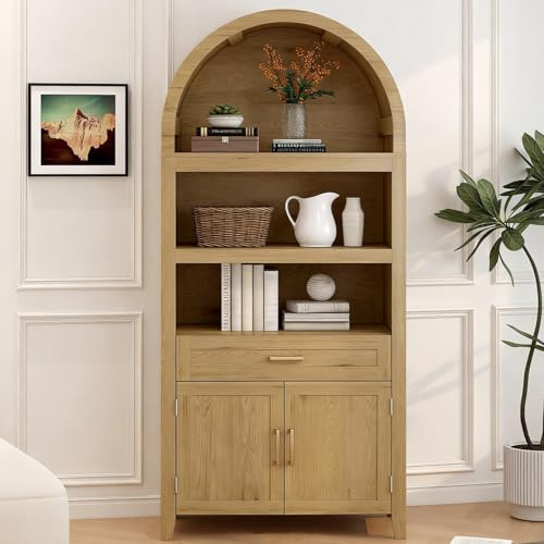 OOFAYJIA Bookcase,5-Tier Bookshelf with Doors, 166 Cm Tall Living Room Bookcase, Free Standing Display Shelf, Arched Bookshelf for the Living Room, Kitchen, 80 X 38.1 X 166.1 cm (Style 1)