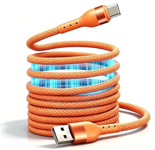 Magnetisches Ladekabel USB C für Auto & Schreibtisch, Elastisches USB A auf USB C Kabel 60W Schnellladekabel Verwicklungsfrei Kompatibel mit iPhone 17 16 Pro Max Samsung S24(2M, Orange)