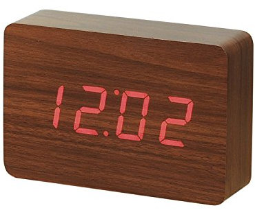 Gingko Brick LED Click Clock Wiederaufladbarer Wecker mit Sound-Aktivierung (Zeit, Datum & Temperatur), Walnuss / Rot LED