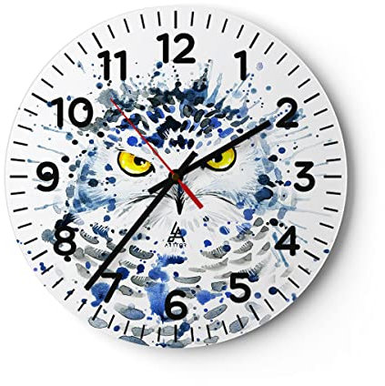 Modern Wanduhr Mode Design Eule Aquarell 30x30cm Rund Klein Wand Uhr Glas Analog Zimmeruhren Küche Büro Wohnzimmer Glasuhr Wall Clock Dekoration Design Wanddekoration Küchenuhr C4AR30x30-2838