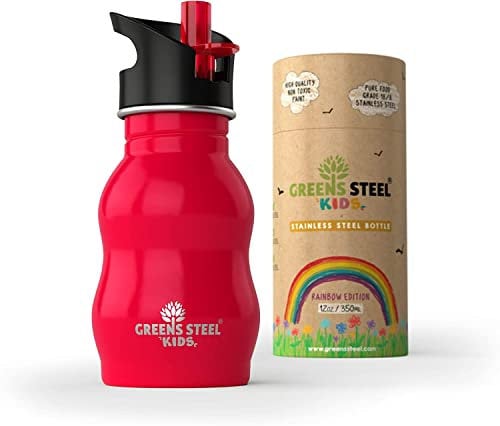 Gourde Enfant Inox 350 ml - Rouge I Bouchon Anti-Fuite avec Paille et Poignée pour Enfants I Gourde Anti Fuite Enfant avec Paille I Bouteille d’Eau Inox Écologique I Idéal Boîte à Lunch ou Cadeau