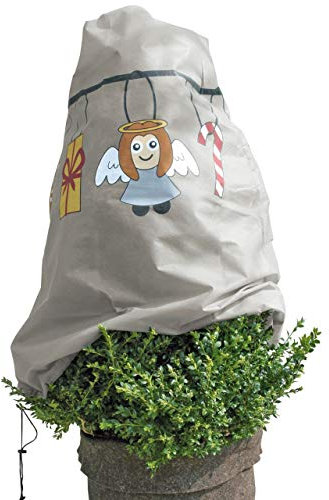 AFP Winterschutz Vlieshaube Girlande Xmas Engel, beige/bunt, 120 x 125cm, 50g/qm Gartenvlies atmungsaktiv - Pflanzenschutz Winter/Frostschutz Pflanzen/Kordel / 2 Jutesäckchen gratis