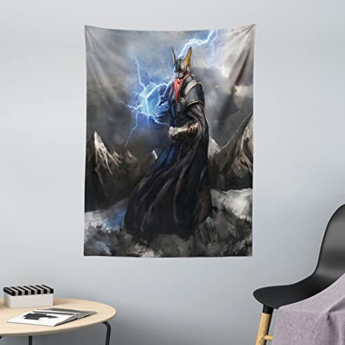 ABAKUHAUS Wikinger Wandteppich, Thor Mjölnir und Donner aus Weiches Mikrofaser Stoff Waschbar ohne Verblassen Digitaldruck, 110 x 150 cm, Schwarz Grau