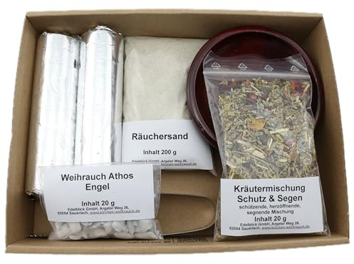 Räucher Set „Schutz und Segen“ – 8 TLG. – Kräutermischung Schutz und Segen & Weihrauch Athos Engel – Räucherschale und Zubehör mit Anleitung – im Geschenkkarton mit Klarsichtdeckel