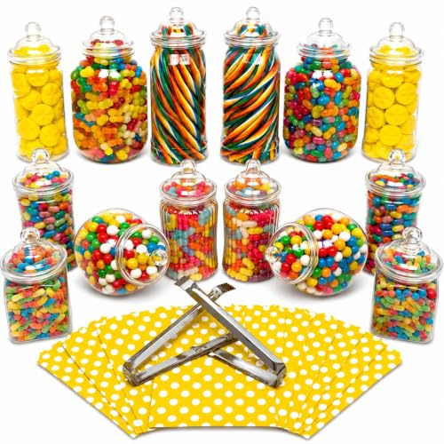 Truly Sweet Candy Bonbongläser aus Kunststoff, 7 Stile, 2 Zangen und 50 Tüten, 14 Stück Ideal für Party, Hochzeit, Süßigkeitenbuffet, Gelb mit Punkten