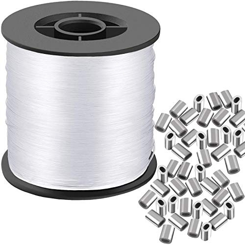 Filo da appendere trasparente invisibile da 0,9 mm fino a 27,2 kg, 200 m (218,7 yards) resistente filo di nylon per perline ornamenti da cucito con 60 maniche in alluminio per crimpare, kit da
