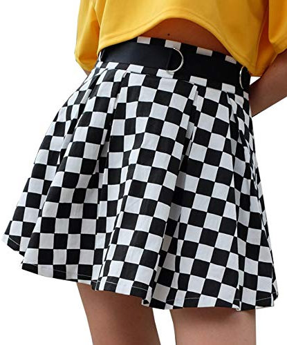 xxxiticat Damen Flared Schachbrett Mini Rock Mädchen High Washited Sweat Plaid Kariert Kurz Falten Swing Röcke - Schwarz - Groß