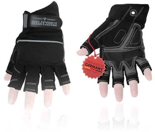 Stagecaptain RGL-0F Rigger Handschuhe - Arbeitshandschuhe für Herren - Größe L - kurze Finger und Innenfläche aus Kunstleder - Aufgesetzte Verstärkungen - Schwarz/Grau