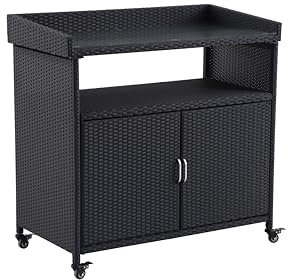 METRO Professional Outdoor Servicestation Barbados, Aluminium/PE Rattan, 112 x 56 x 110 cm, wetterbeständig, mit Rollen, schwarz
