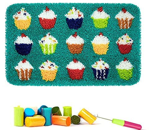 ROCKY&CHAO Knüpfteppich Zum Selber knüpfen, Knüpfsets Latch Hook Kit Selbst Knüpfen Set für Kinder und Erwachsene (Kuchen)