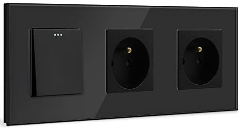BSEED Interrupteur avec prise Double Noir,1 Gang 1 Voie Interrupteur d'éclairage pour la salle de bains+Schuko Prise Murale,10A Interrupteur à bascule avec panneau en verre+16A Double prise murale