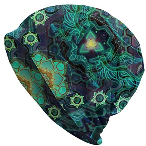 Oudrspo Trippy Geometry Psychedelic Mandala Beanie Cap Dahlia Flowers in Red Grey and Black Colors Beanie Hat Cute Hats Warm Sleep Skull Cap für Damen Herren