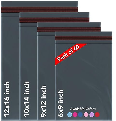 ISOUL 60 Mixed Size Grey Mailing Bags, Self Seal 4 Size Strong Waterproof Poly Plastic Envelopes for Parcels, Packaging, Small, Medium, Large Mail, Shipping Delivery Bags