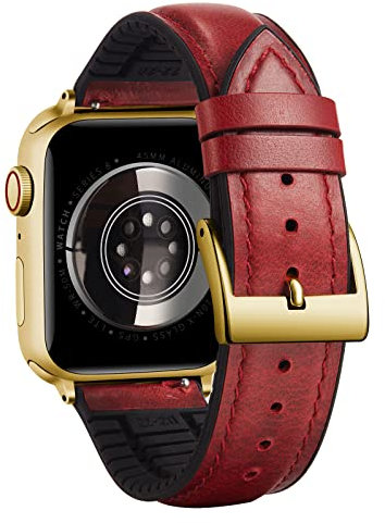 BINLUN Kompatibel mit Apple Watch Armband 42mm 41mm 40mm 38mm Lederarmband Ölwachsleder Silikon Ersatzarmband Passt für iWatch SE3/2/1 Series 11 10 9 8 7 6 5 4 3 2 1(Rot-Gold)