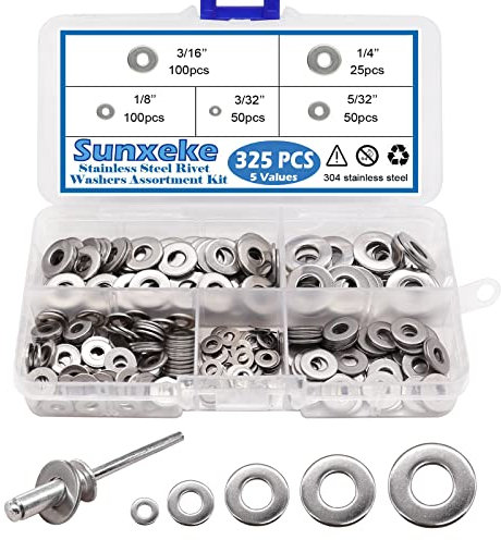 Sunxeke 325pcs Stainless Steel Washers for Blind Pop Rivets Assortment Kit, Backup Rivet Washers Diameter 3/32 1/8 5/32 3/16 1/4