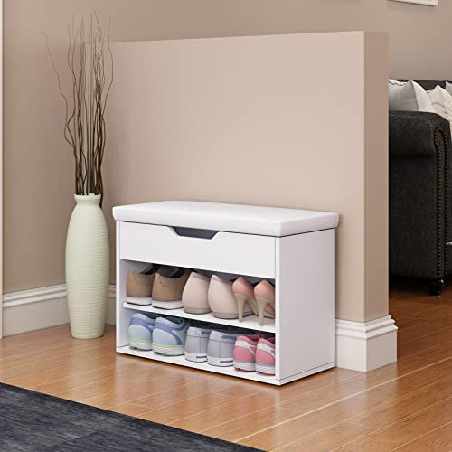 Shoe Storage Bench Home Hallway Furniture with 2 Shelves and Seat Cushion Shoe Cabinet Footwear Shoe Rack Stand White