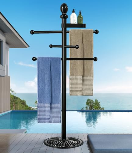 Pool Outdoor Handtuchhalter, 6 Stangen mit oberer Ablage, Metall, Robustes Poolzubehör mit schwerem Metallsockel, Whirlpool-Zubehör, Handtuch-Trockenständer, Handtuchständer für Pool, Whirlpool usw