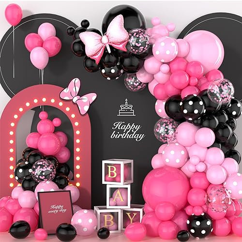 Ousuga Palloncini Neri Rosa 137Pezzi, Palloncini Nero Rosa Fucsia Ghirlanda Arco Coriandoli Rosa Palloncini Foil Ragazza Donna Compleanno Addio Nubilato Decorazioni Feste