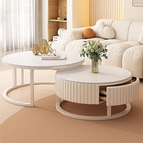 Runder Couchtisch Weiss 80cm 2er Set Mit Stauraum Moderner Stil Sofatisch Kaffeetisch Wohnzimmer Klein Einfache Aufbau Für Schlafzimmer ( Size : 70cm/27.5 )