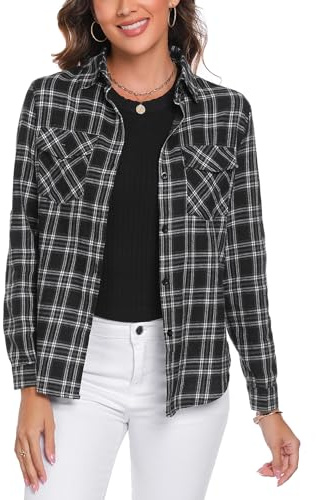 Totatuit Flannel Checked Shirts Womens Classic Long Sleeve Plaid Shirt Blouse V Neck Button Down Ladies Checked Shirt with Pocket