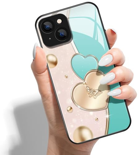 Printed Phone Case for iPhone 15 6.1 HD Glass PC Hard Back Cover with Shockproof Silicone Skin Butterfly Love Marble Pattern Design for Girls Boys -Double Love Hearts