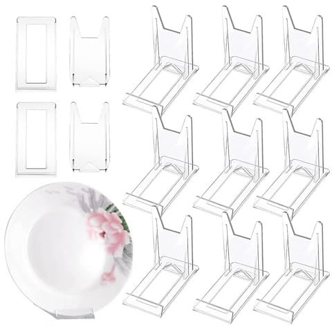 Dulamet Soporte Platos, 12 Piezas Caballetes de Exhibición Soporte de Exhibición de Acrílico Transparente Ajustable para Platos, Cuadro, Marcos de Fotos, Expositor para Libros, Móviles, CD