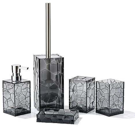 Clear Acrylic Bathroom Accessories Set - Rust-Free, Transparent Design - Includes Soap Dispenser, Toothbrush Holder, Cup, Soap Dish, and Toilet Brush 5-Piece (Grey)
