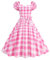 Wellwits Robe Femmes Carreau Col Carré Manches Bouffantes Cocktail Vintage Rose 2XL