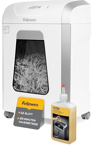 Fellowes Aktenvernichter FS-12C Premium Bundle mit Öl, Papierschredder, 12-Blatt-Partikelschnitt, Aktenvernichter P4, Schredder für Büro und Homeoffice, 19L Papierkorb, verarbeitet Kreditkarten, Weiß