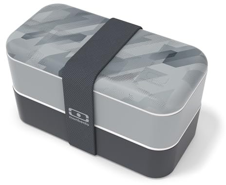 monbento - Lunch Box MB Original graphic Dimensions - Lunch Box Micro ondable pour Hommes - Boite Lunch Hermétique 2 étages - Idéal pour Travail - Sans BPA - Made in France - Motif Géométrique Gris