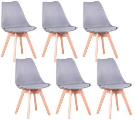 TTATC Pack de 6 Sillas de Comedor con Patas de Madera Maciza de Haya, Sillas de Cocina de Diseño Nórdico Sillas de Oficina de Madera con Asiento Acolchado, Gris