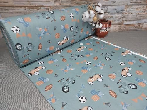 240cm Breit Meterware ab 50cm Popeline Baumwolle Stoff Baumwollstoff Kinderstoffe Stoffe Fußball Motorrad Babystoffe Stoffe Auto Ranforce Bastelstoff ÖKO-TEX VP0K051 (Petrol überwiegend)