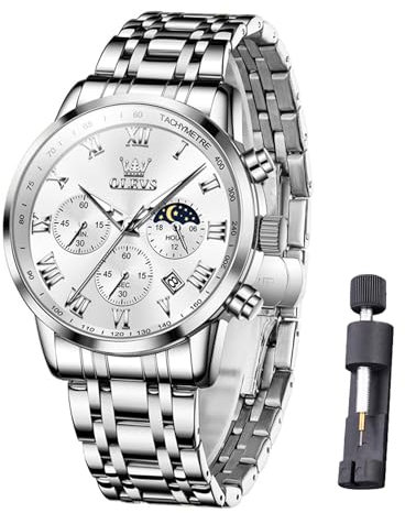 Raitown Uhr Herren Edelstahl Chronograph Mondphase Wasserdicht Analog Quarz Armbanduhren Stylisch Klassisch Armbanduhr für Männ Herr Uhr Silber