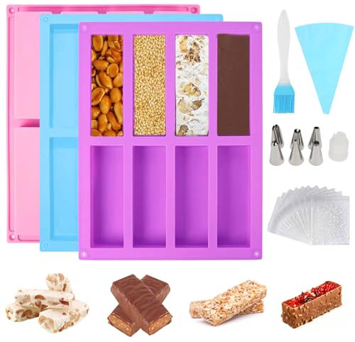 3 Piezas Moldes para Barritas, 8 Cavidades Moldes de Silicona Rectangulares Barras de Cereal, Antiadherente, con Herramientas para Hacer Pasteles, para Chocolate, Ttrufa, Turrón, Tarta Queso, Jabón