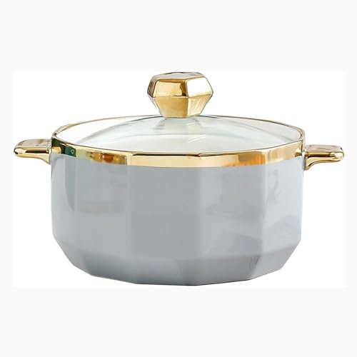 Yiustldd Soupière de Service en Porcelaine, soupière Ronde avec Couvercle en Verre, Bol à Soupe en céramique avec poignée pour décoration de Cuisine de Restaurant,Gris