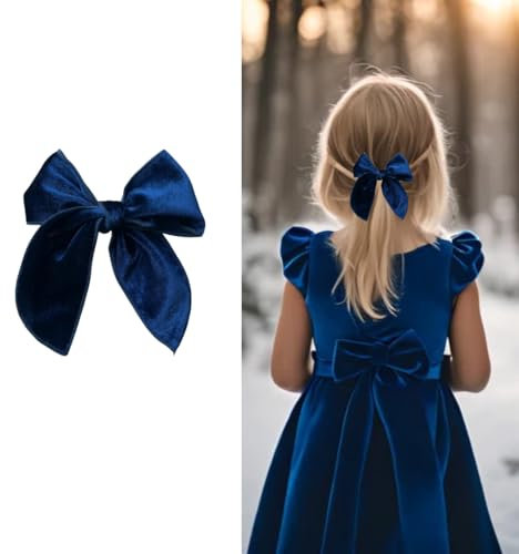 Lazo de Pelo de Niña en Terciopelo, Pinza con Lazo de Niña con cierre de cocodrilo, Elegante y Versátil (Azùl)